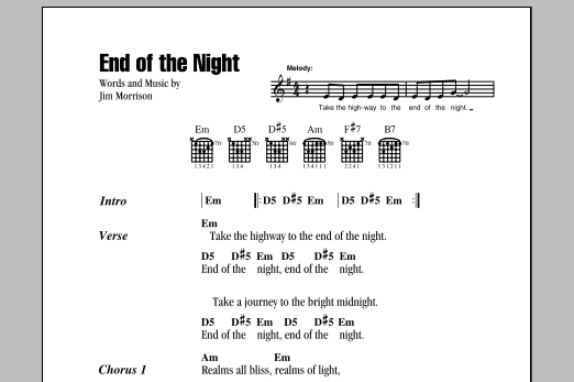 The Doors End Of The Night sheet music notes and chords arranged for Guitar Chords/Lyrics