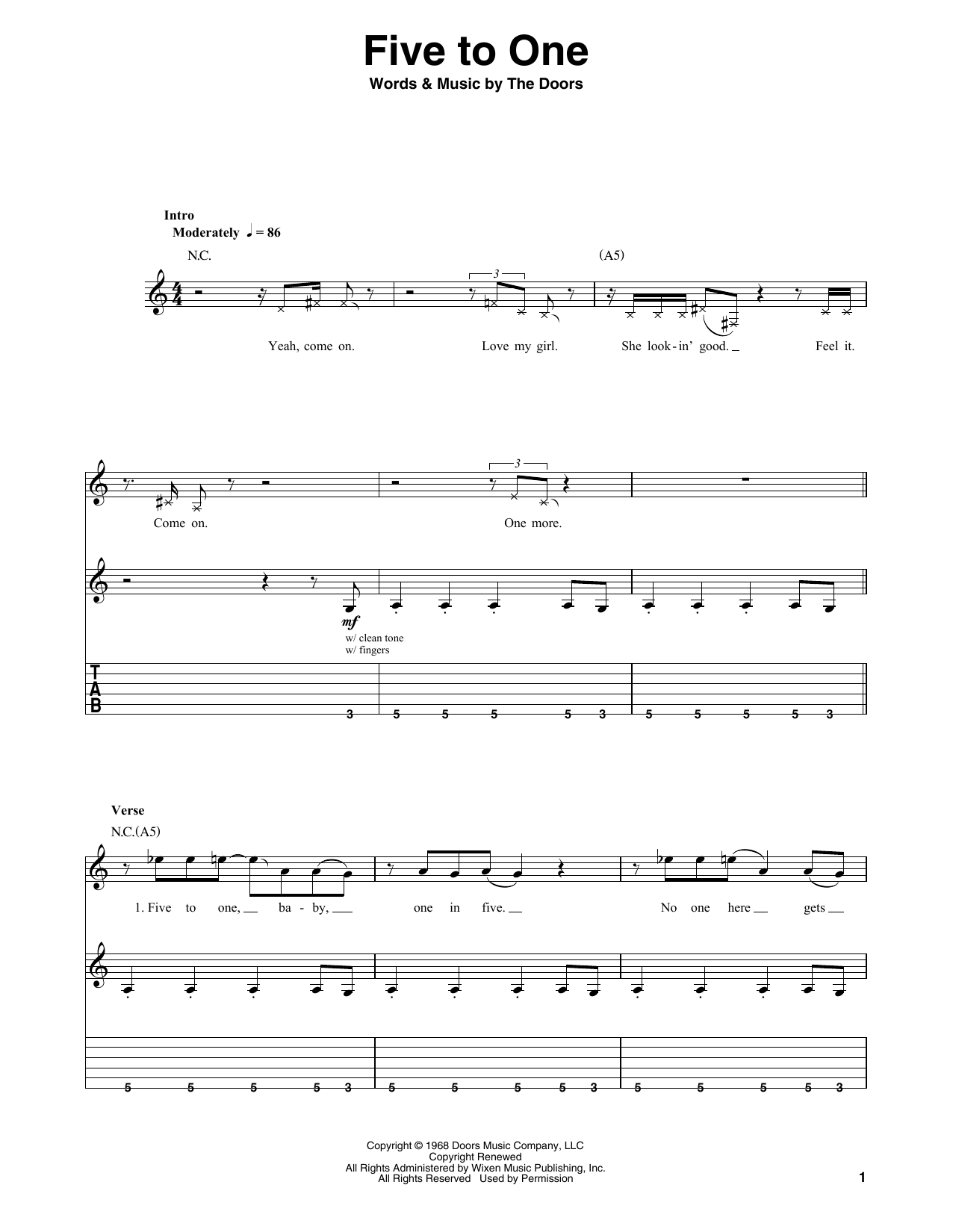 The Doors Five To One sheet music notes and chords. Download Printable PDF.