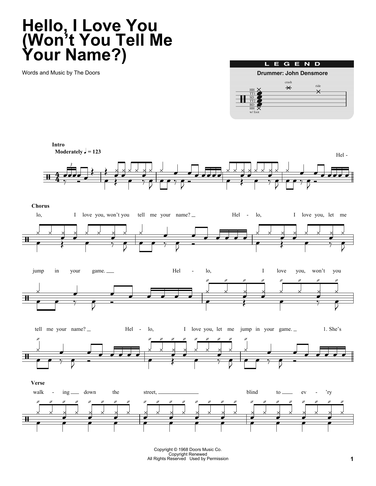 The Doors Hello, I Love You (Won't You Tell Me Your Name?) sheet music notes and chords. Download Printable PDF.