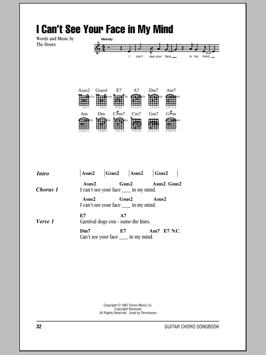 The Doors I Can't See Your Face In My Mind sheet music notes and chords arranged for Guitar Chords/Lyrics