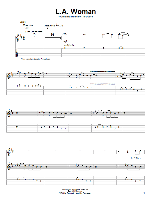 The Doors L.A. Woman sheet music notes and chords. Download Printable PDF.