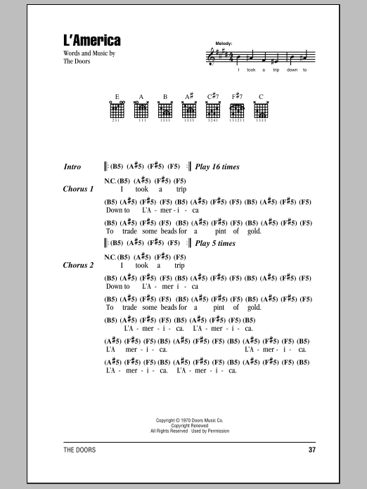 The Doors L'America sheet music notes and chords arranged for Guitar Chords/Lyrics