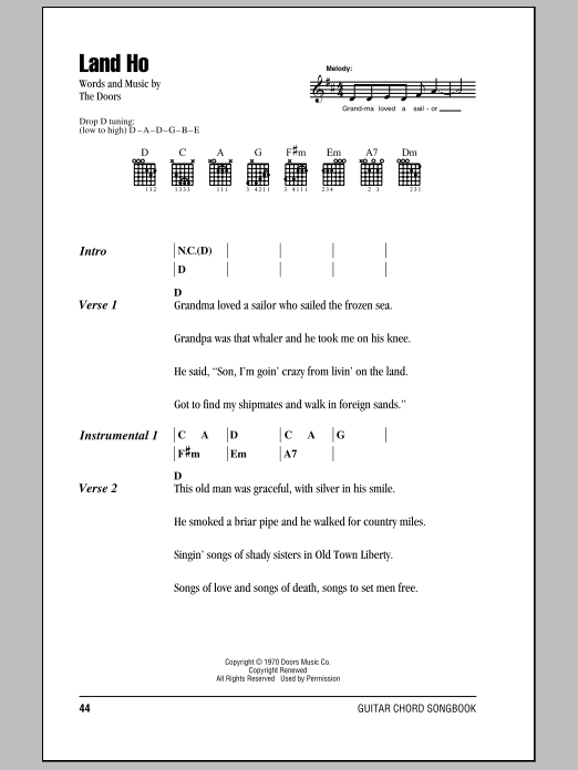 The Doors Land Ho sheet music notes and chords. Download Printable PDF.