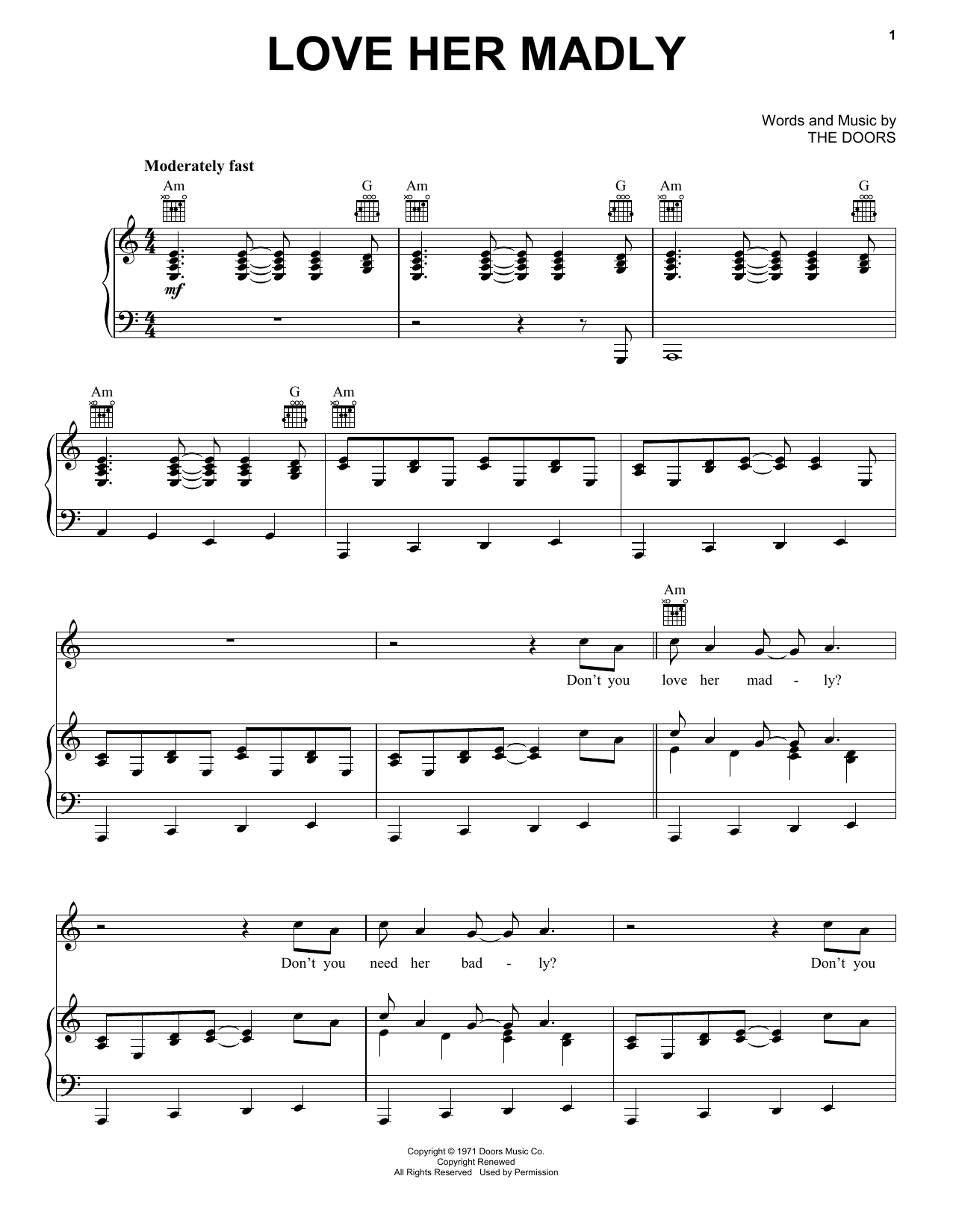 The Doors Love Her Madly sheet music notes and chords. Download Printable PDF.