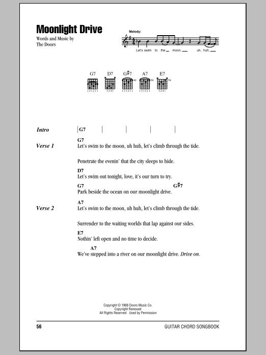 The Doors Moonlight Drive sheet music notes and chords arranged for Guitar Chords/Lyrics