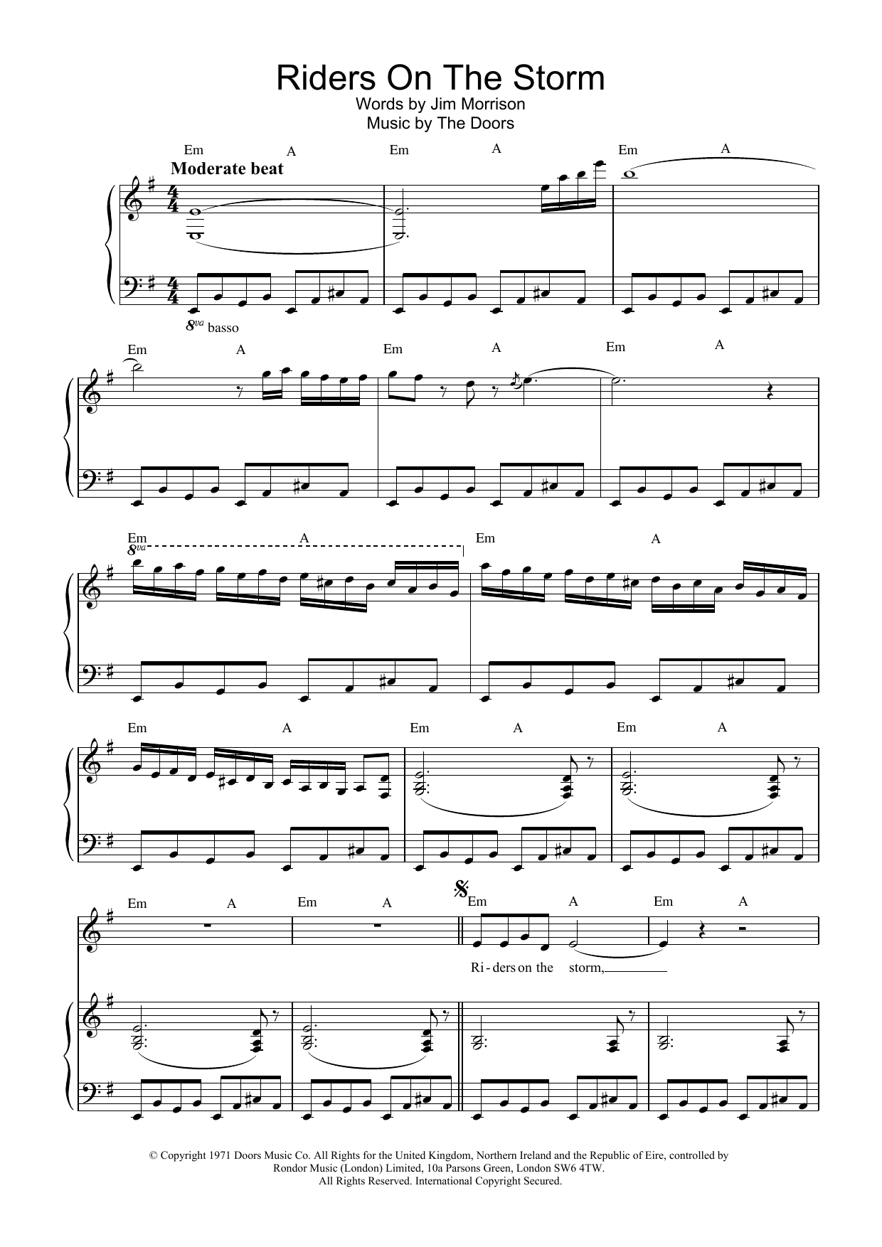 The Doors Riders On The Storm sheet music notes and chords. Download Printable PDF.