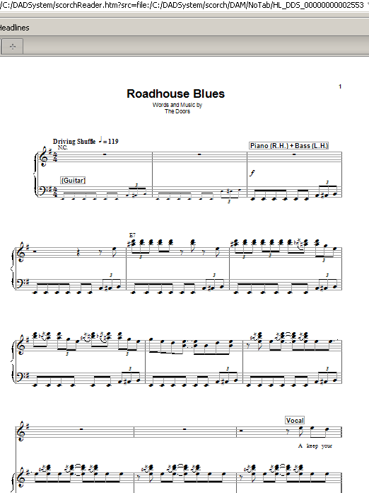 The Doors Roadhouse Blues sheet music notes and chords. Download Printable PDF.