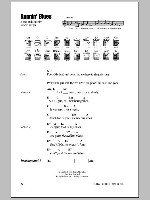 The Doors Runnin' Blues sheet music notes and chords. Download Printable PDF.