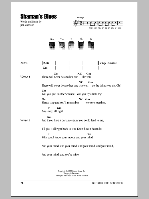 The Doors Shaman's Blues sheet music notes and chords arranged for Guitar Chords/Lyrics