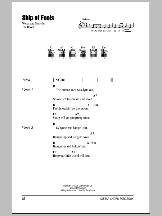 The Doors Ship Of Fools sheet music notes and chords. Download Printable PDF.