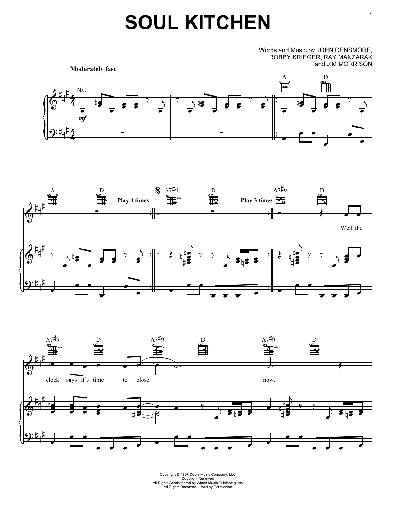 The Doors Soul Kitchen sheet music notes and chords. Download Printable PDF.