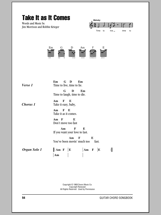 The Doors Take It As It Comes sheet music notes and chords arranged for Guitar Chords/Lyrics