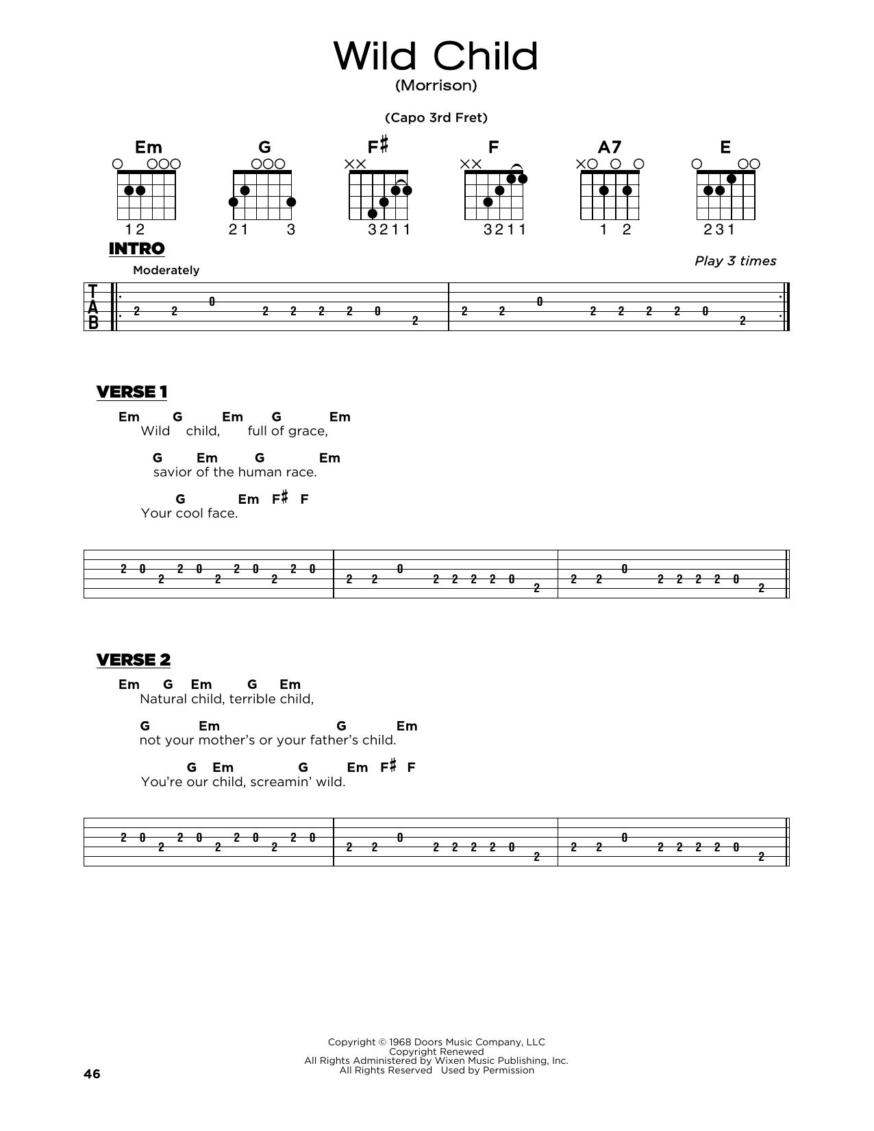 The Doors Wild Child sheet music notes and chords. Download Printable PDF.