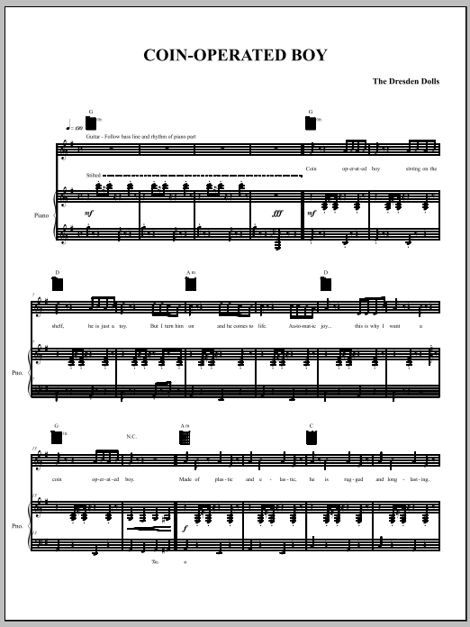 The Dresden Dolls Coin-Operated Boy sheet music notes and chords. Download Printable PDF.