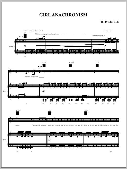 The Dresden Dolls Girl Anachronism sheet music notes and chords arranged for Piano, Vocal & Guitar Chords (Right-Hand Melody)