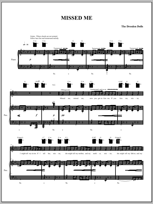 The Dresden Dolls Missed Me sheet music notes and chords. Download Printable PDF.