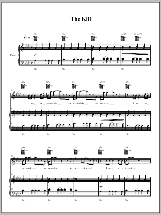 Learn to play The Dresden Dolls The Kill sheet music for Piano, Vocal & Guitar Chords (Right-Hand Melody) in minutes. Price: 7.8900$ The Dresden Dolls The Kill sheet music notes and chords arranged for Piano, Vocal & Guitar Chords (Right-Hand Melody)