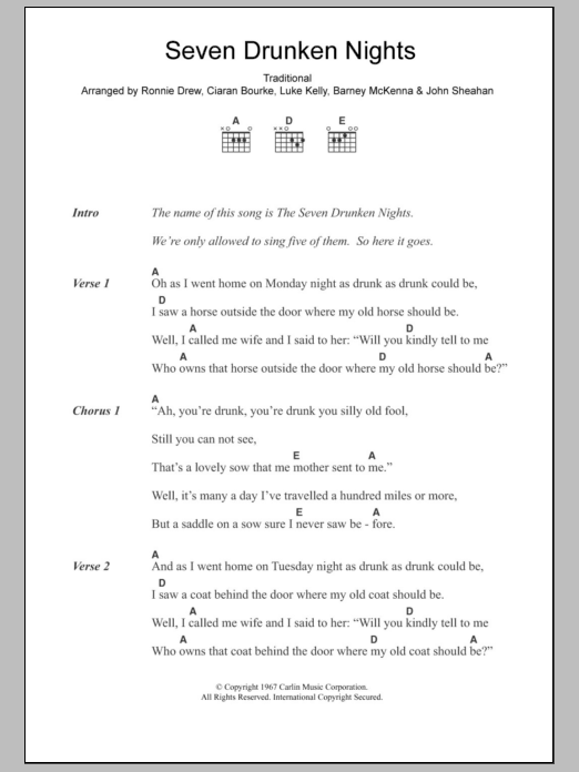 The Dubliners Seven Drunken Nights sheet music notes and chords. Download Printable PDF.