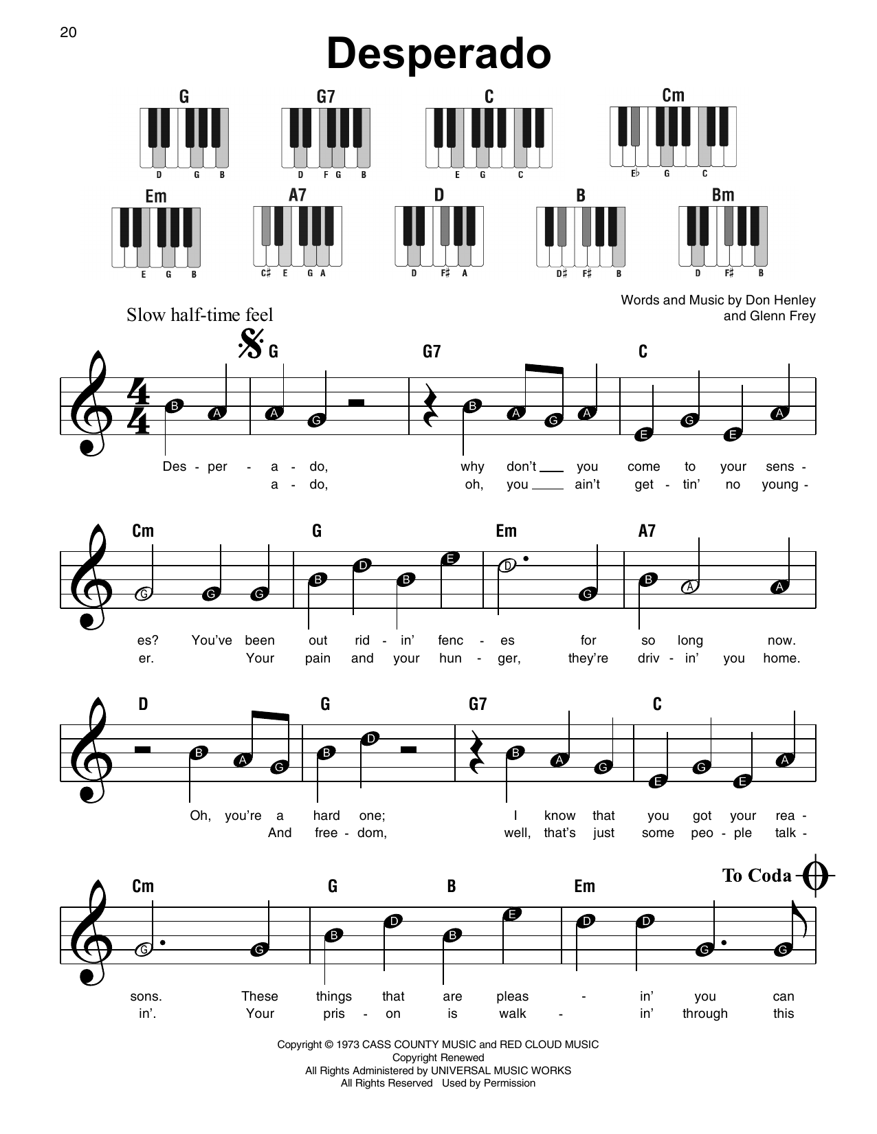 The Eagles Desperado sheet music notes and chords. Download Printable PDF.