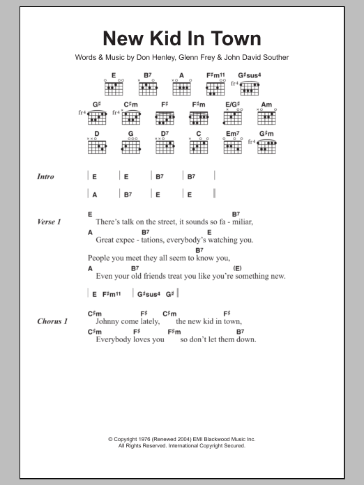 Eagles New Kid In Town sheet music notes and chords. Download Printable PDF.