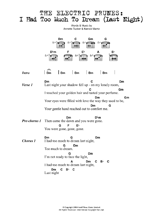 The Electric Prunes I Had Too Much To Dream (Last Night) sheet music notes and chords. Download Printable PDF.