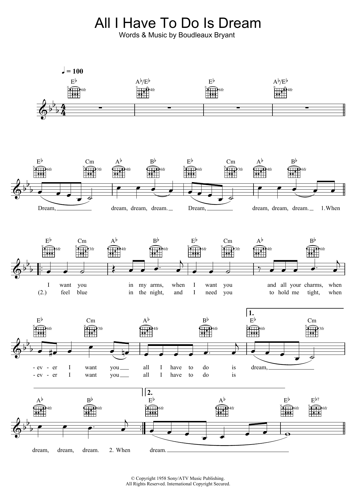 The Everly Brothers All I Have To Do Is Dream sheet music notes and chords. Download Printable PDF.