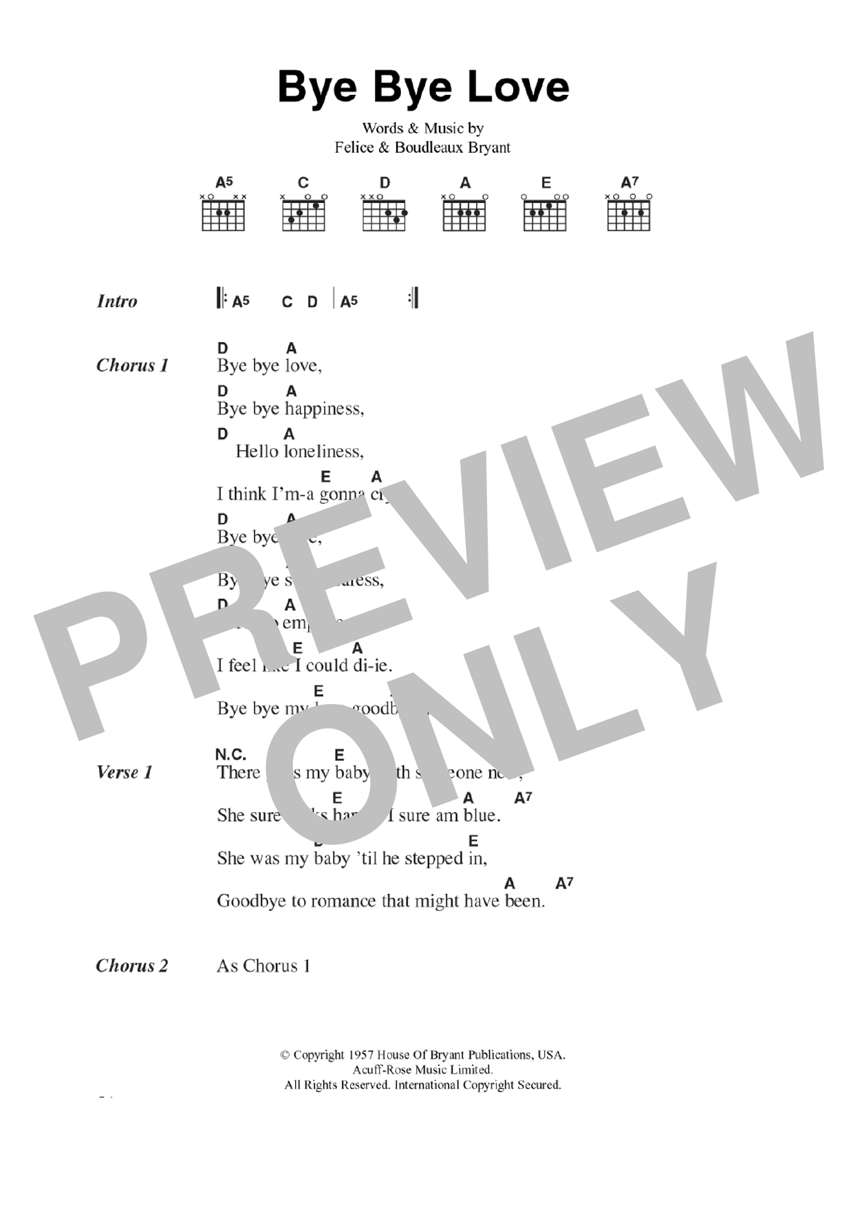 The Everly Brothers Bye Bye Love sheet music notes and chords. Download Printable PDF.