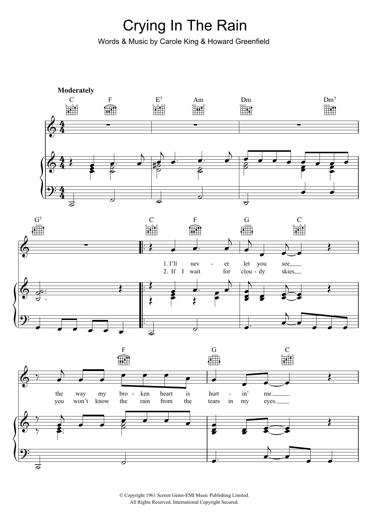 Learn to play The Everly Brothers Crying In The Rain sheet music for Guitar Chords/Lyrics in minutes. Price: 4.4900$ The Everly Brothers Crying In The Rain sheet music notes and chords arranged for Guitar Chords/Lyrics