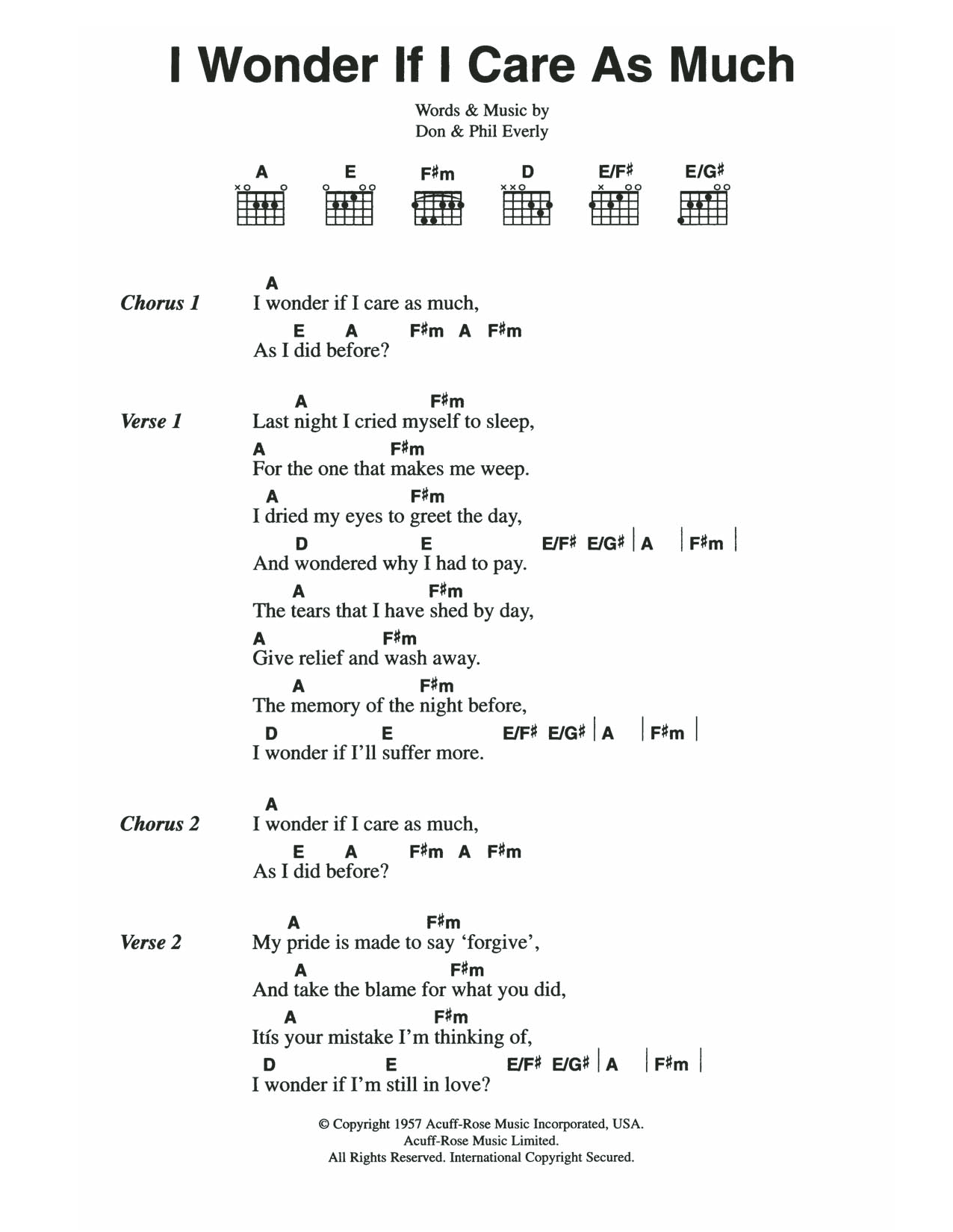 The Everly Brothers I Wonder If I Care As Much sheet music notes and chords arranged for Guitar Chords/Lyrics