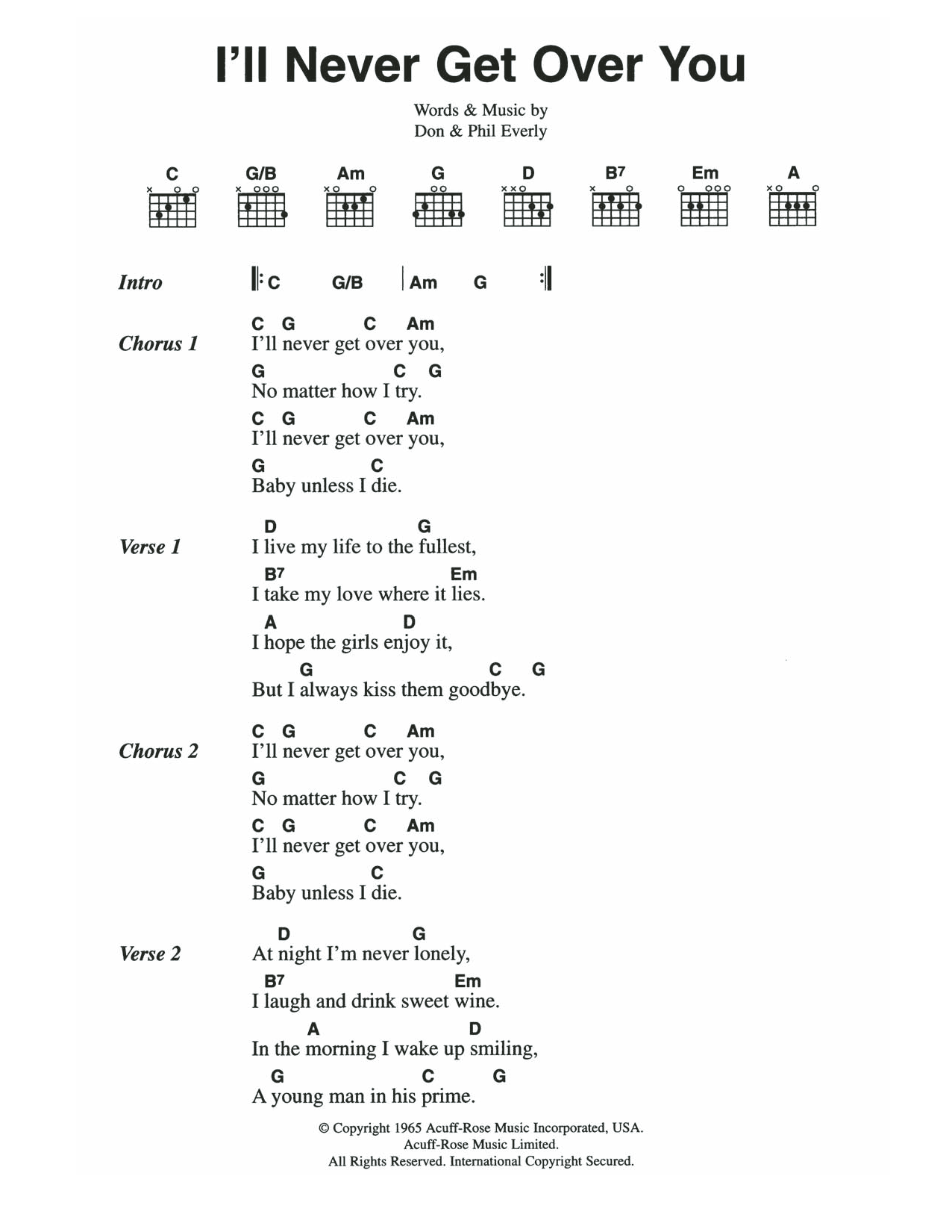 The Everly Brothers I'll Never Get Over You sheet music notes and chords. Download Printable PDF.