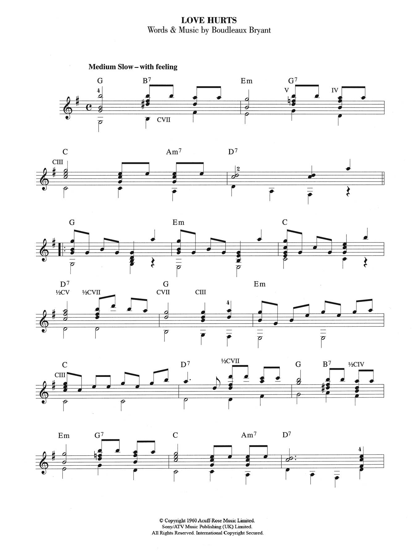 The Everly Brothers Love Hurts sheet music notes and chords. Download Printable PDF.