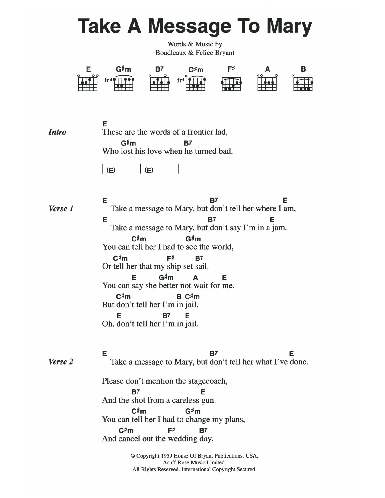 The Everly Brothers Take A Message To Mary sheet music notes and chords. Download Printable PDF.