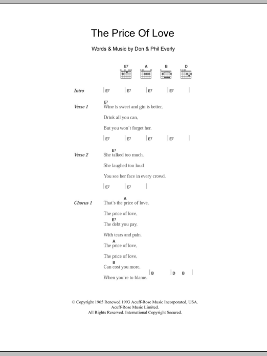 Learn to play The Everly Brothers The Price Of Love sheet music for Piano, Vocal & Guitar Chords in minutes. Price: 7.8900$ The Everly Brothers The Price Of Love sheet music notes and chords arranged for Piano, Vocal & Guitar Chords