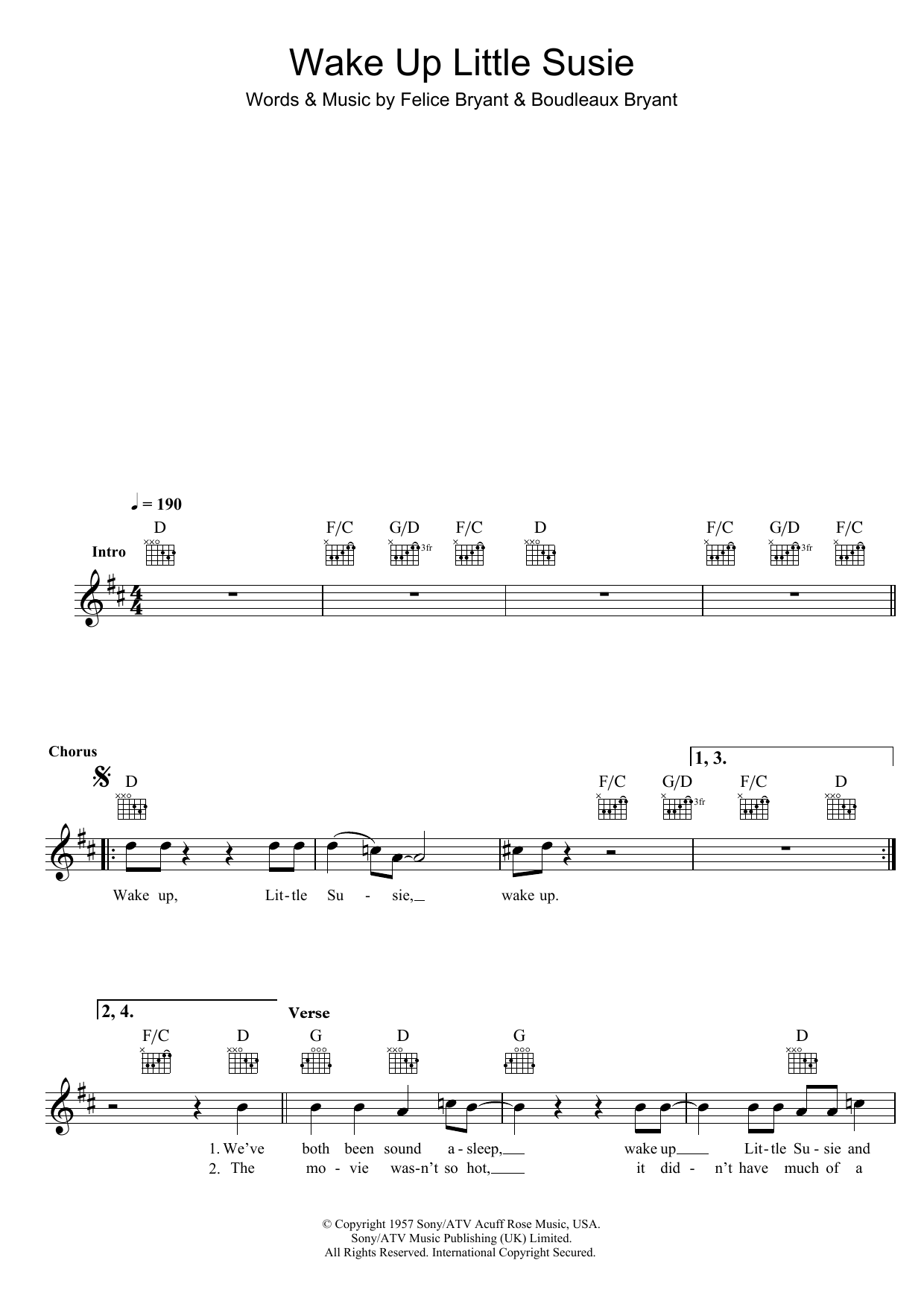 The Everly Brothers Wake Up Little Susie sheet music notes and chords. Download Printable PDF.