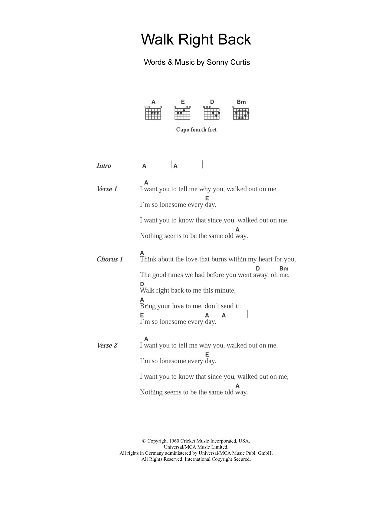 The Everly Brothers Walk Right Back sheet music notes and chords. Download Printable PDF.