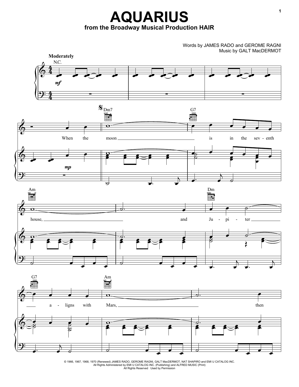 The Fifth Dimension Aquarius sheet music notes and chords. Download Printable PDF.