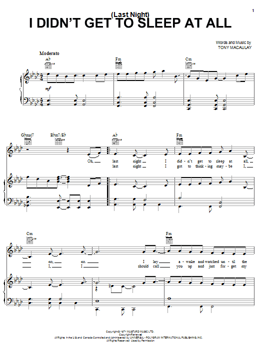 The Fifth Dimension (Last Night) I Didn't Get To Sleep At All sheet music notes and chords. Download Printable PDF.