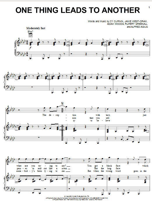 Learn to play The Fixx One Thing Leads To Another sheet music for Piano, Vocal & Guitar Chords (Right-Hand Melody) in minutes. Price: 7.8900$ The Fixx One Thing Leads To Another sheet music notes and chords arranged for Piano, Vocal & Guitar Chords (Right-Hand Melody)