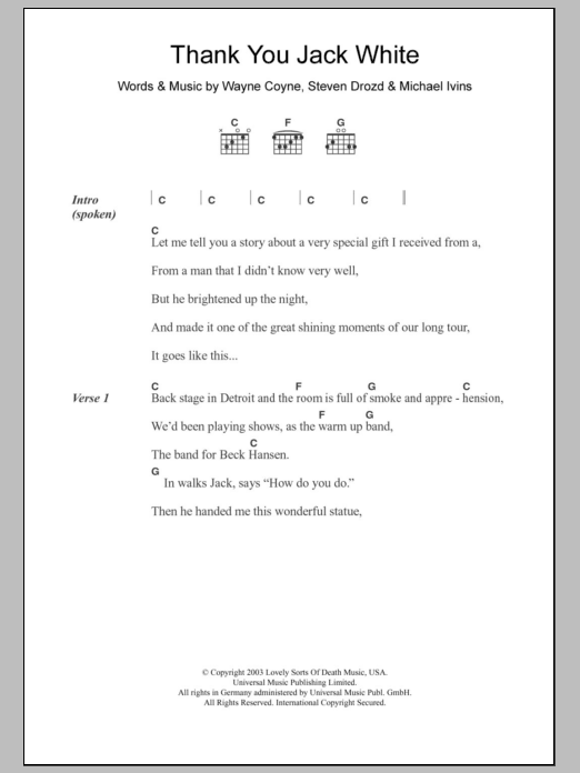 The Flaming Lips Thank You Jack White sheet music notes and chords. Download Printable PDF.