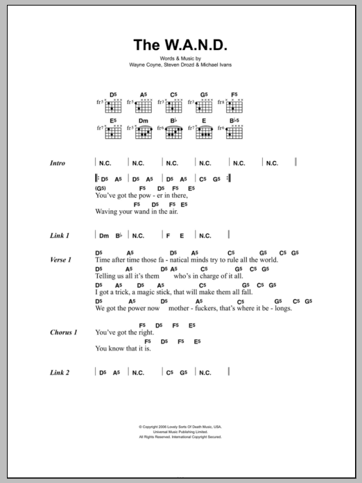 Learn to play The Flaming Lips The W.A.N.D. sheet music for Guitar Chords/Lyrics in minutes. Price: 4.4900$ The Flaming Lips The W.A.N.D. sheet music notes and chords arranged for Guitar Chords/Lyrics