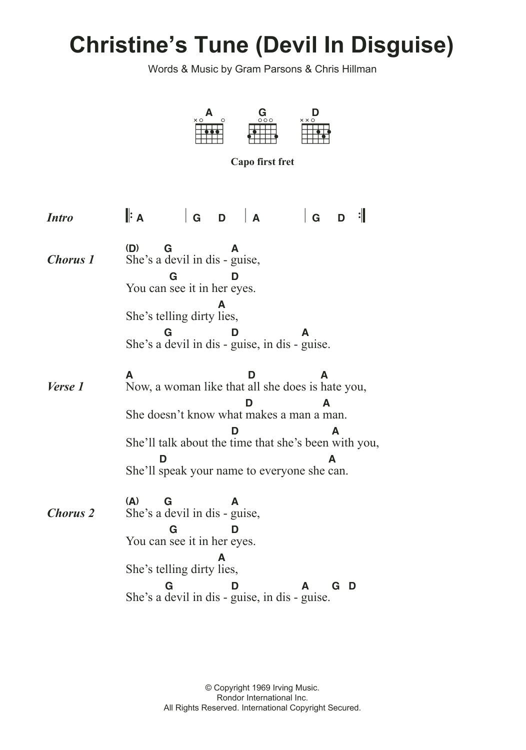 Learn to play The Flying Burrito Brothers Christine's Tune (Devil In Disguise) sheet music for Guitar Chords/Lyrics in minutes. Price: 4.4900$ The Flying Burrito Brothers Christine's Tune (Devil In Disguise) sheet music notes and chords arranged for Guitar Chords/Lyrics