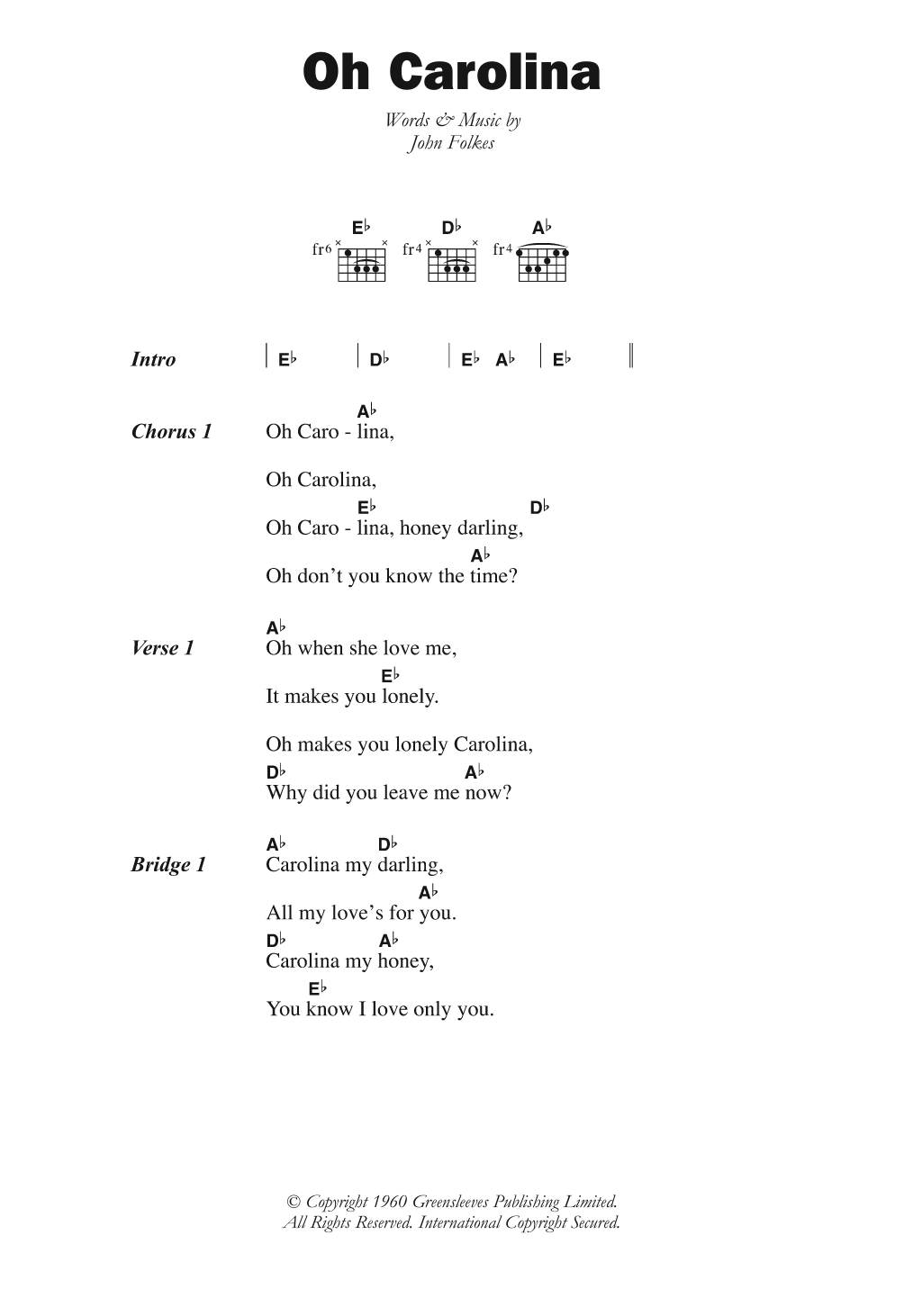 The Folkes Brothers Oh Carolina sheet music notes and chords. Download Printable PDF.