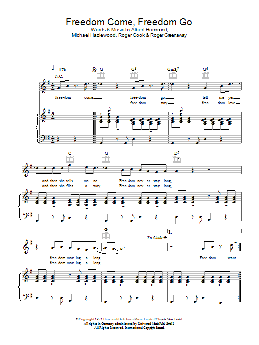 The Fortunes Freedom Come, Freedom Go sheet music notes and chords arranged for Piano, Vocal & Guitar Chords