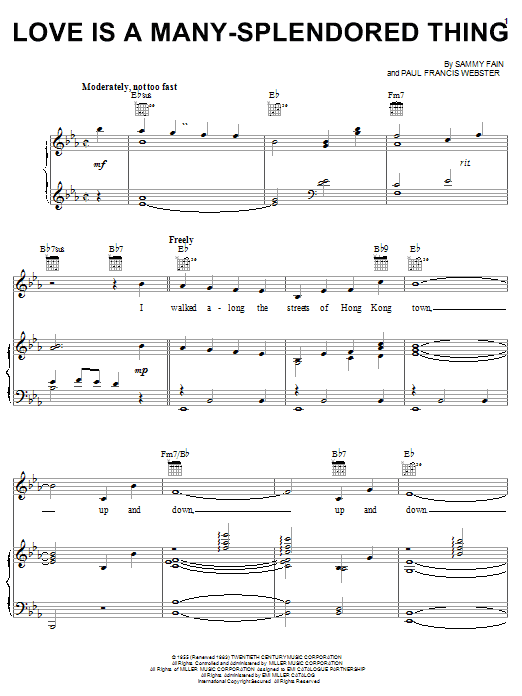 Learn to play The Four Aces Love Is A Many-Splendored Thing sheet music for Real Book – Melody & Chords in minutes. Price: 5.9900$ The Four Aces Love Is A Many-Splendored Thing sheet music notes and chords arranged for Real Book – Melody & Chords
