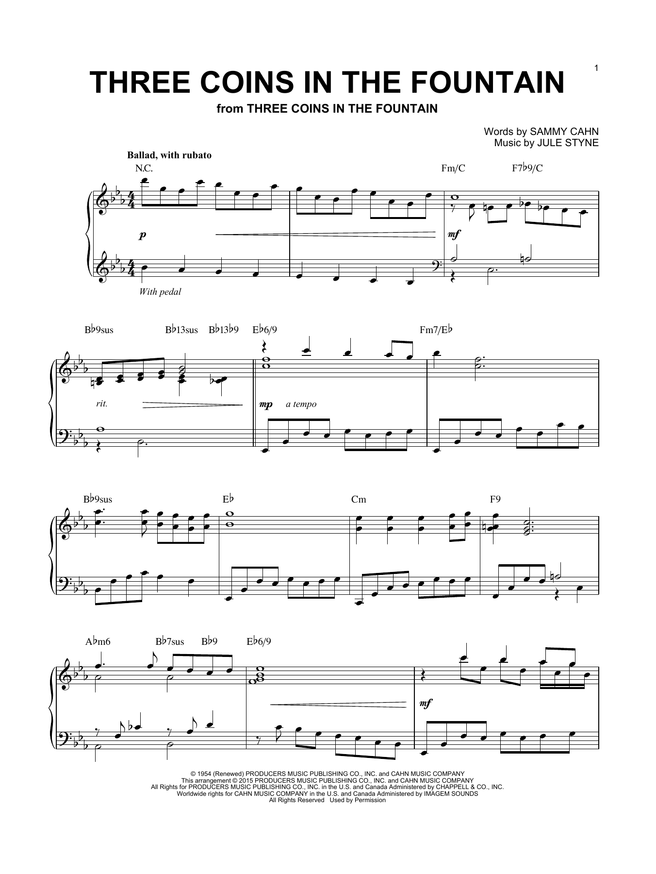 The Four Aces Three Coins In The Fountain [Jazz version] (arr. Brent Edstrom) sheet music notes and chords arranged for Piano Solo