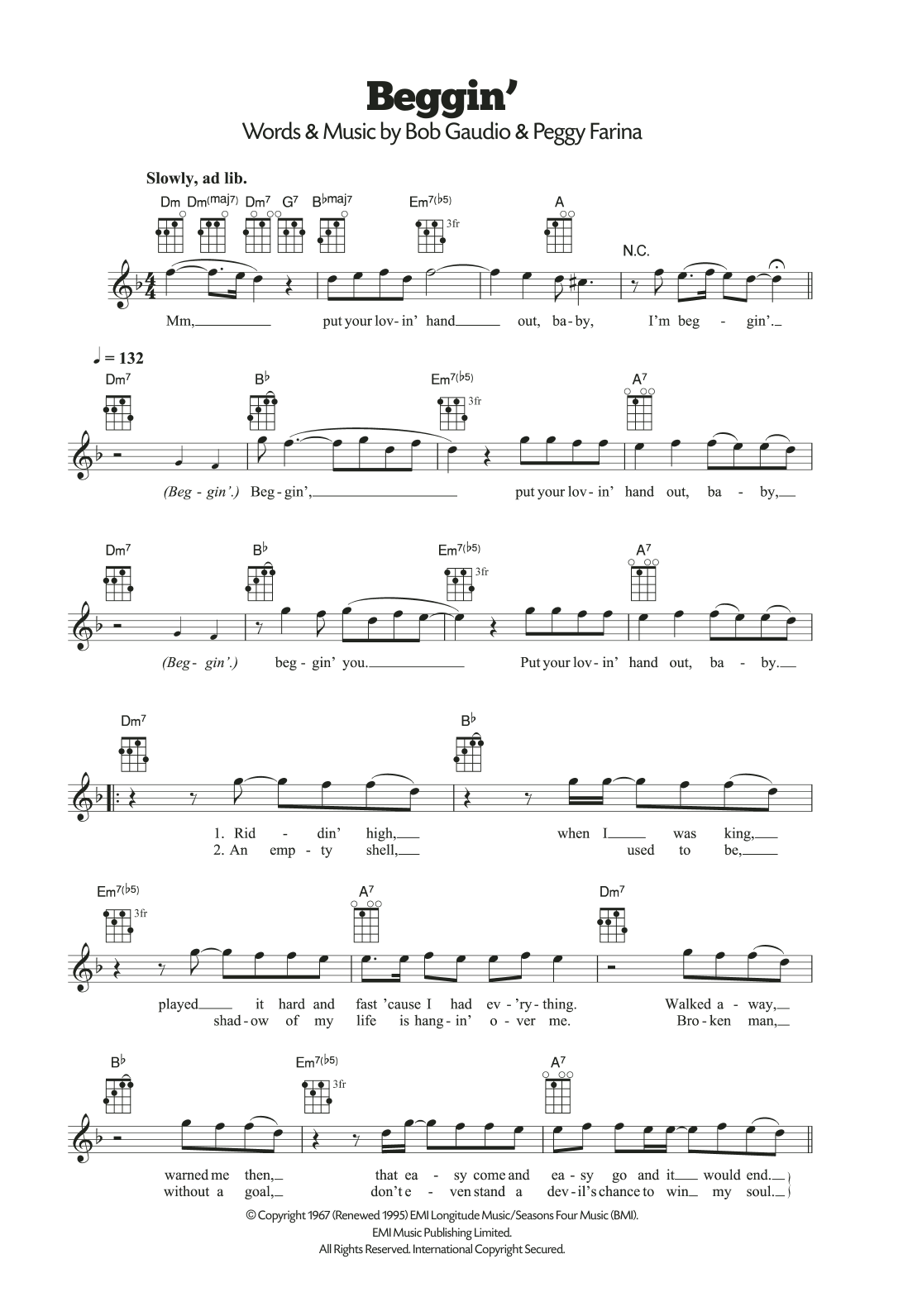 Learn to play The Four Seasons Beggin' sheet music for Ukulele in minutes. Price: 5.9900$ The Four Seasons Beggin' sheet music notes and chords arranged for Ukulele