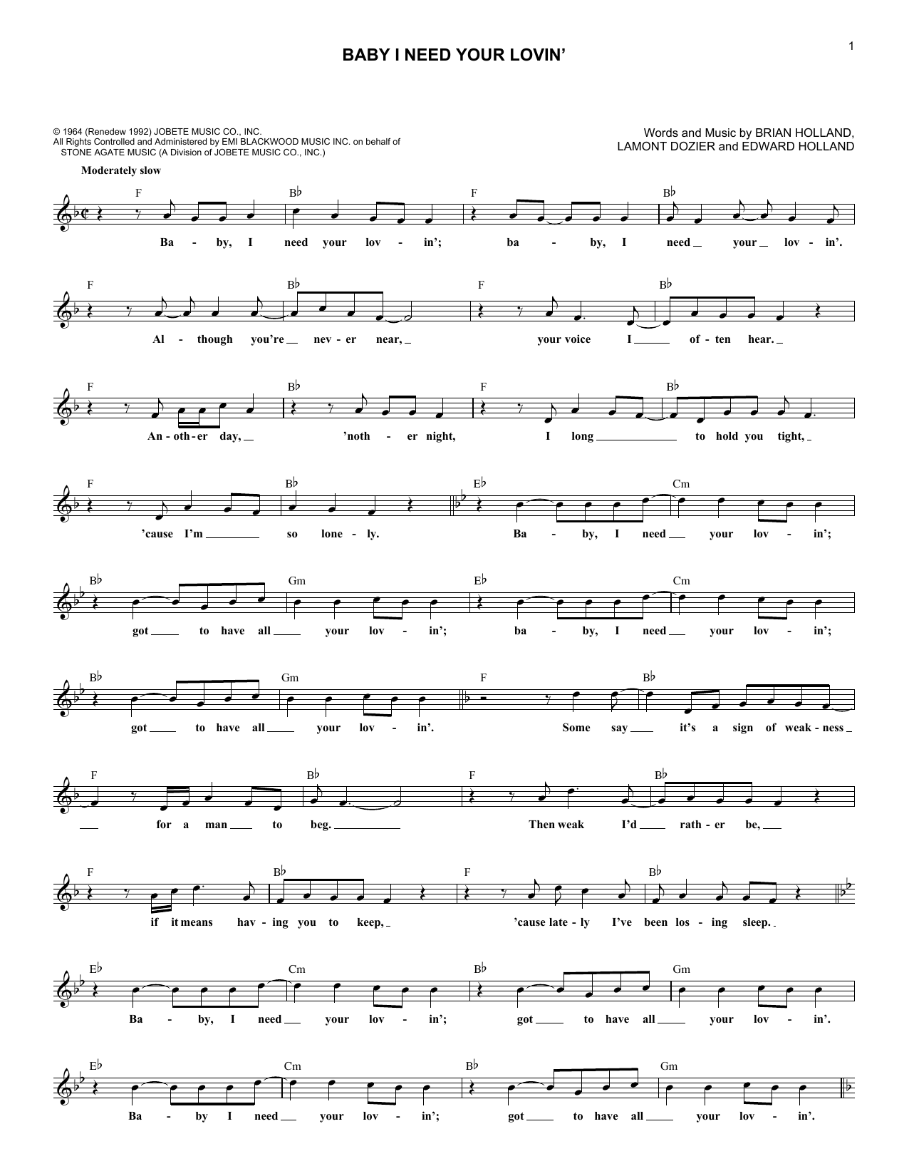 The Four Tops Baby I Need Your Lovin' sheet music notes and chords. Download Printable PDF.