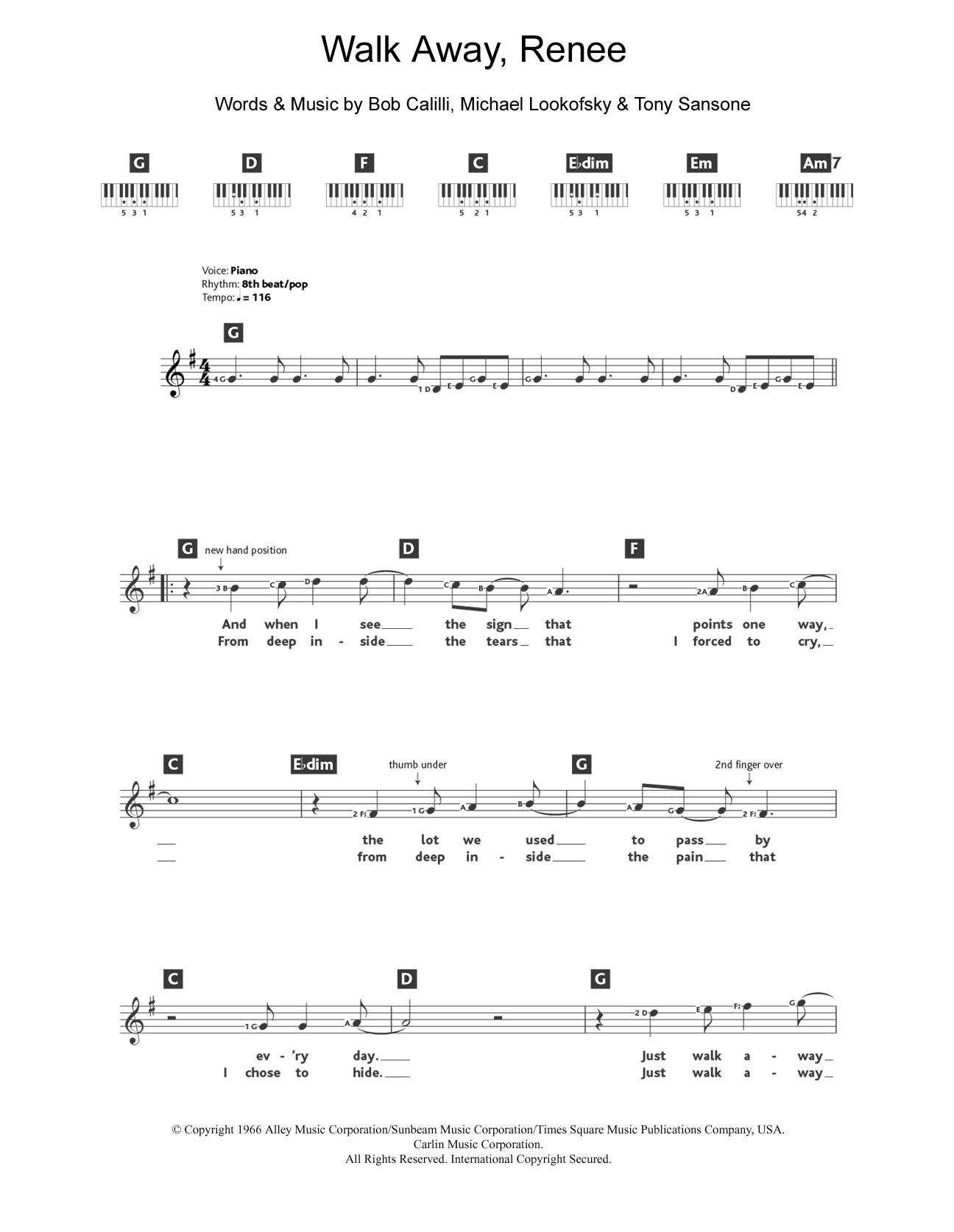 The Four Tops Walk Away, Renee sheet music notes and chords. Download Printable PDF.