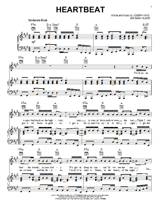 Learn to play The Fray Heartbeat sheet music for Piano, Vocal & Guitar Chords (Right-Hand Melody) in minutes. Price: 7.8900$ The Fray Heartbeat sheet music notes and chords arranged for Piano, Vocal & Guitar Chords (Right-Hand Melody)