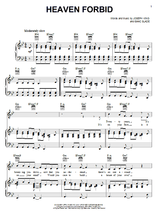 Learn to play The Fray Heaven Forbid sheet music for Piano, Vocal & Guitar Chords (Right-Hand Melody) in minutes. Price: 7.8900$ The Fray Heaven Forbid sheet music notes and chords arranged for Piano, Vocal & Guitar Chords (Right-Hand Melody)